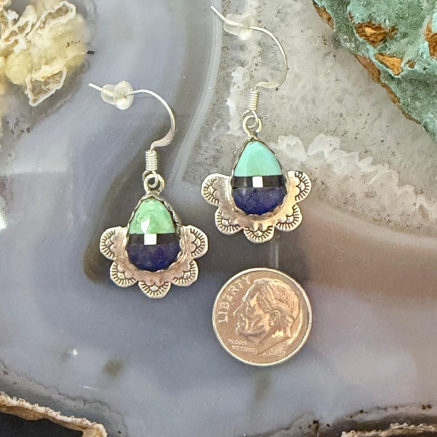 Clifton Aguilar Sterling Silver Teardrop Multistone Inlay Dangle Earrings For Women