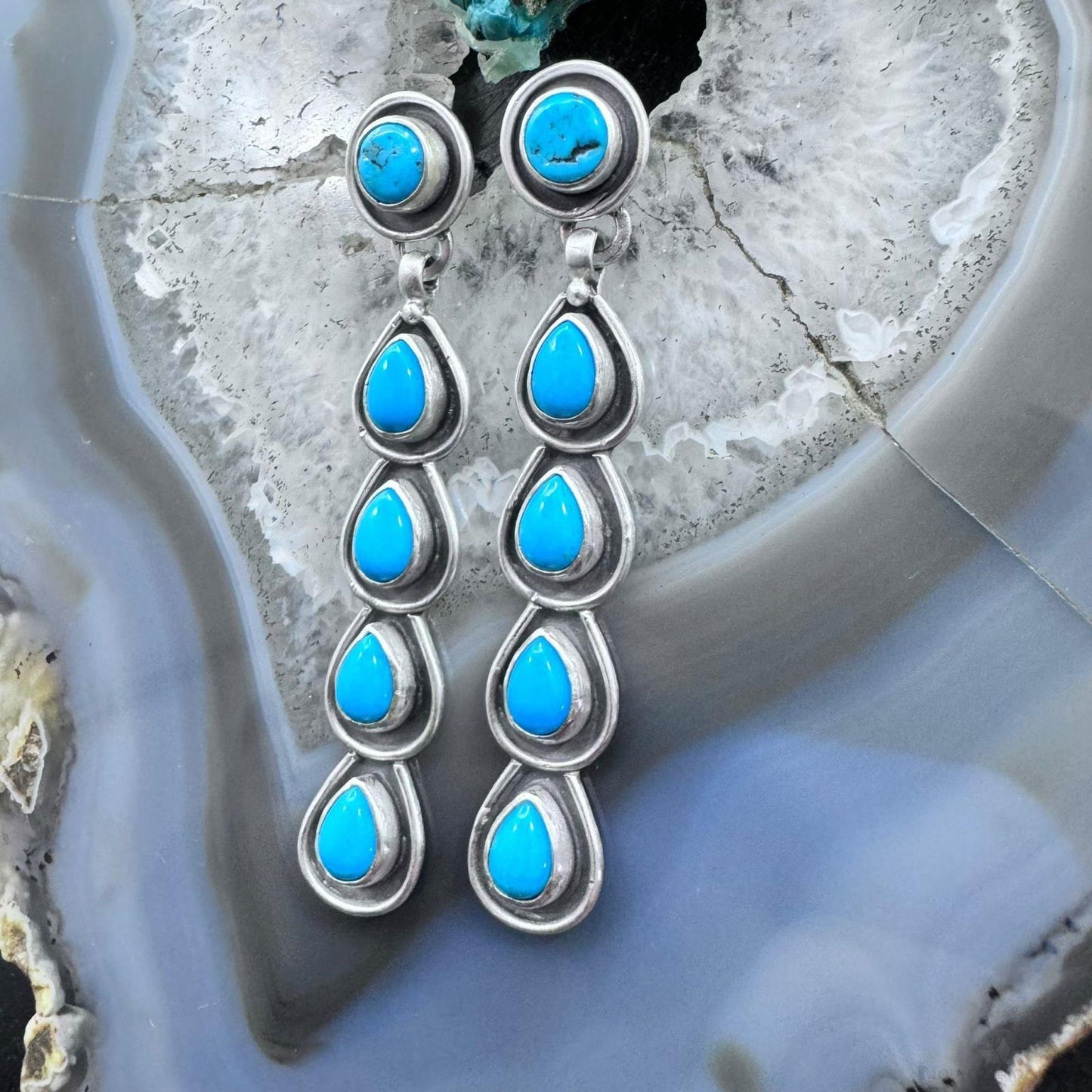 Native American Sterling Silver 5 Turquoise Post Dangle Earrings For Women