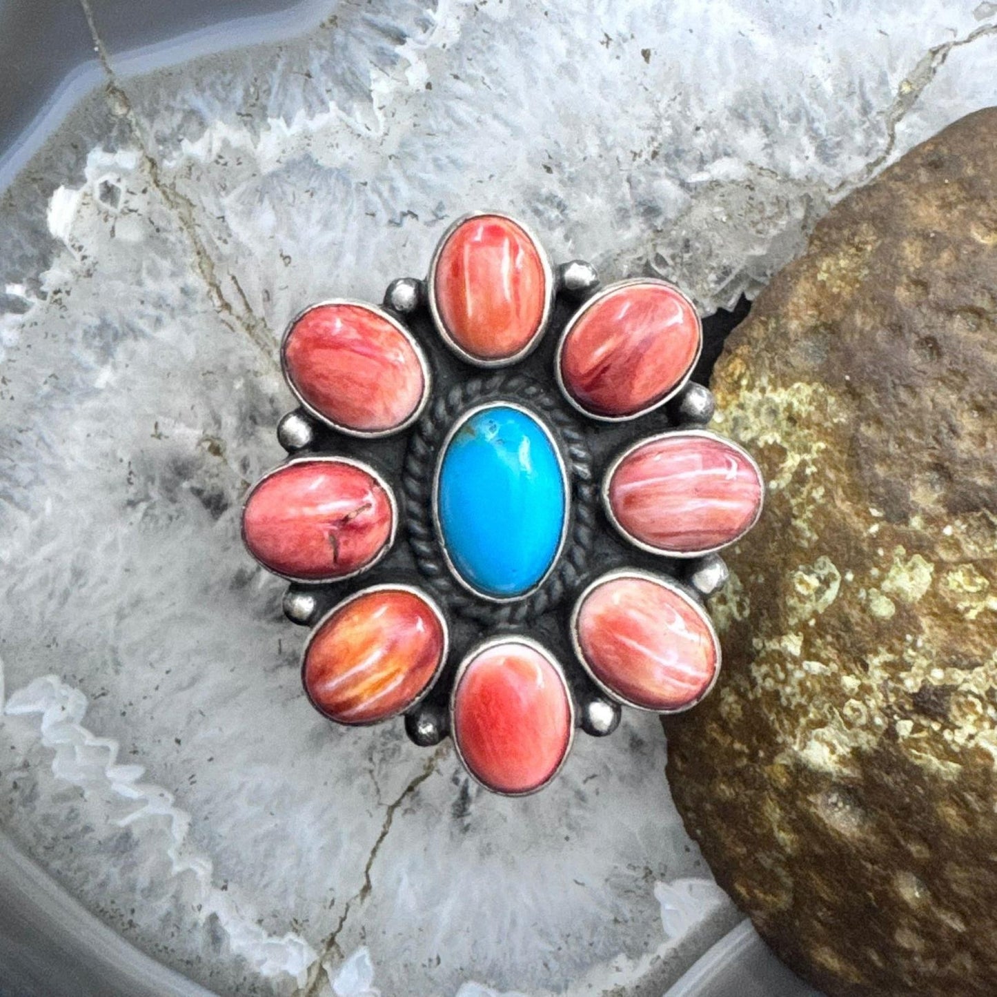 Native American Sterling Silver Turquoise &Spiny Oyster Adjustable Cluster Ring For Women