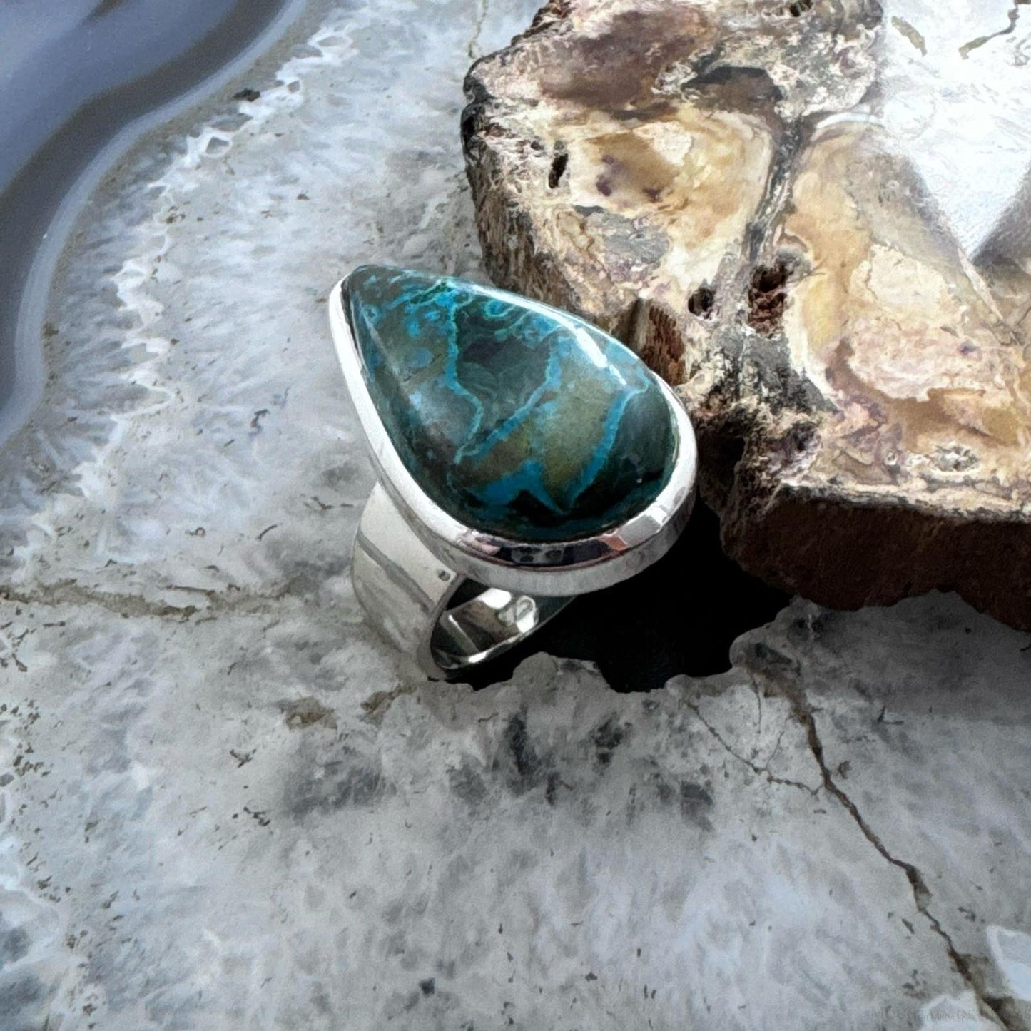 Sterling Silver Southwestern Style Teardrop Azurite Malachite Ring Size 7 For Women