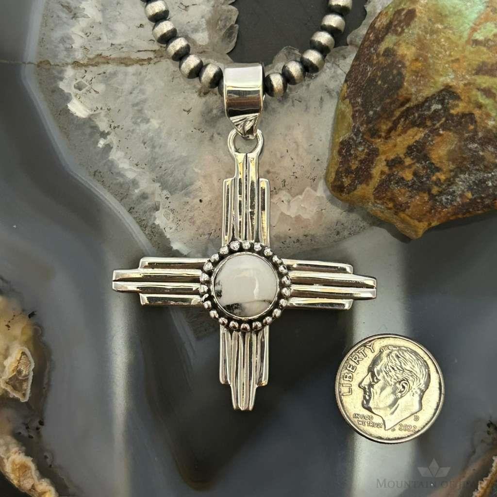Sterling Silver Southwestern Style Round White Buffalo Unisex Zia Pendant #2