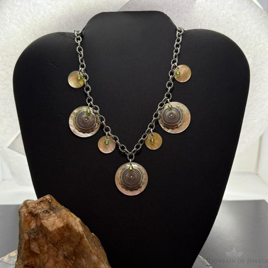 Carolyn Pollack Sterling MOP Disc, Peridot, Concho 19" Twisted Rope Necklace For Women