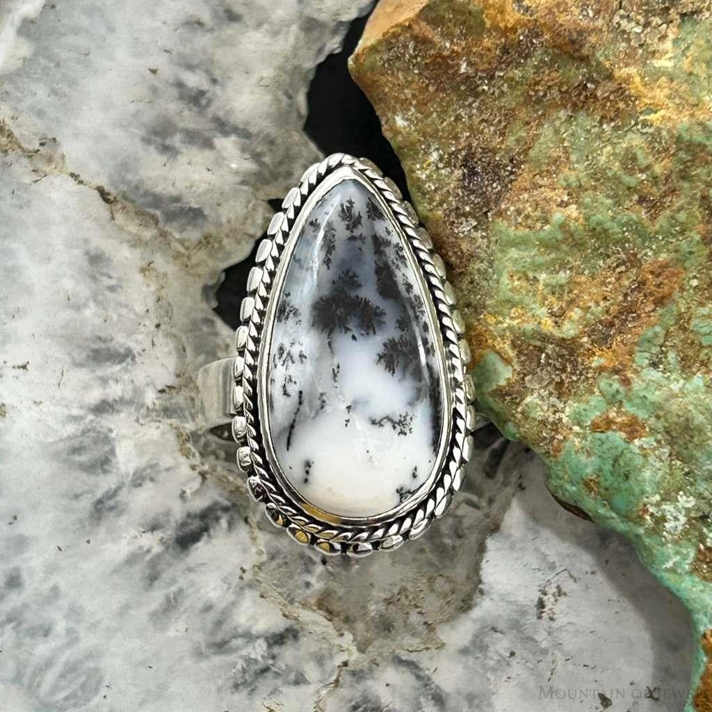 Sterling Silver Southwestern Style Teardrop Dendrite Agate Ring Size 7 For Women