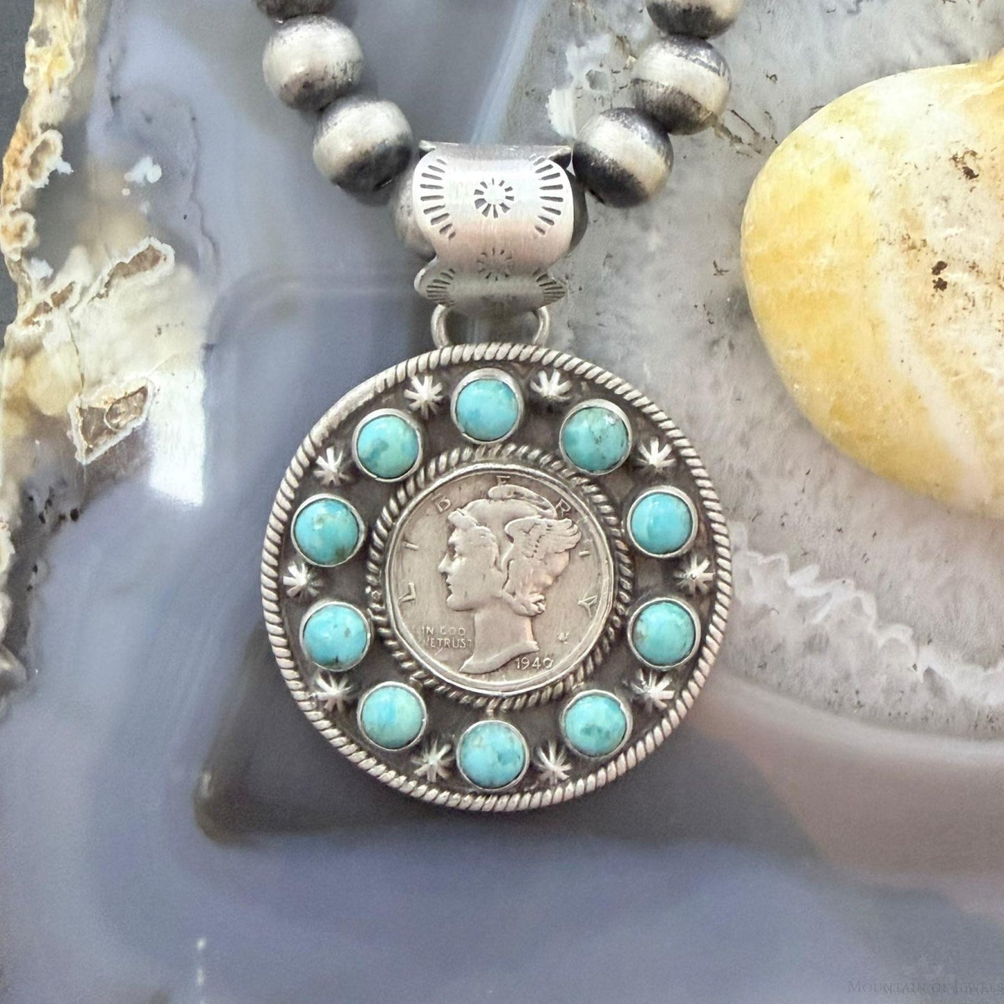 Genuine 1940 90% Silver Mercury Dime Coin w/Mohave Turquoise Unisex Pendant