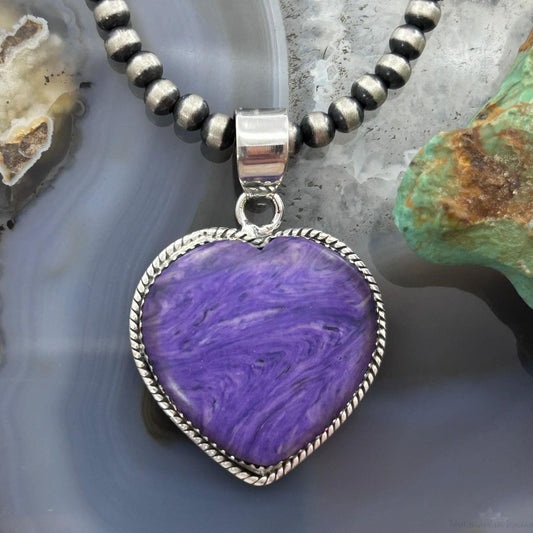 Sterling Silver Southwestern Style Charoite Heart Pendant For Women