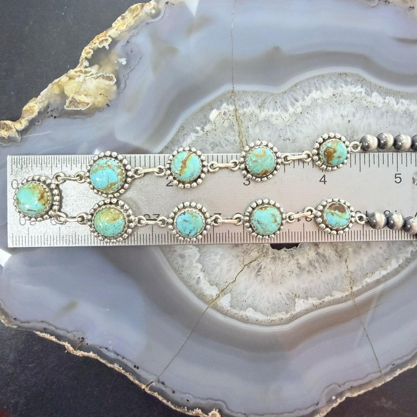 Sterling Southwestern Style Rounded Turquoise & 5mm Navajo Pearl Beads Necklace For Women