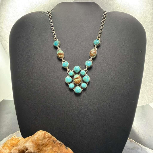 Sterling Silver Southwestern Style Turquoise Cluster 20" Necklace For Women