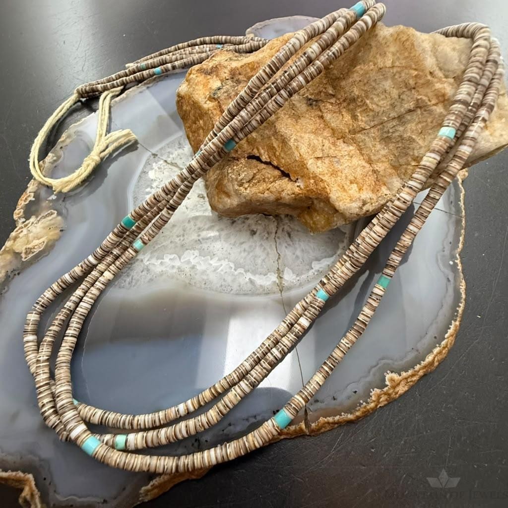 Vintage Native American 3 Strands Heishi Beads &Turquoise 30" Necklace For Women