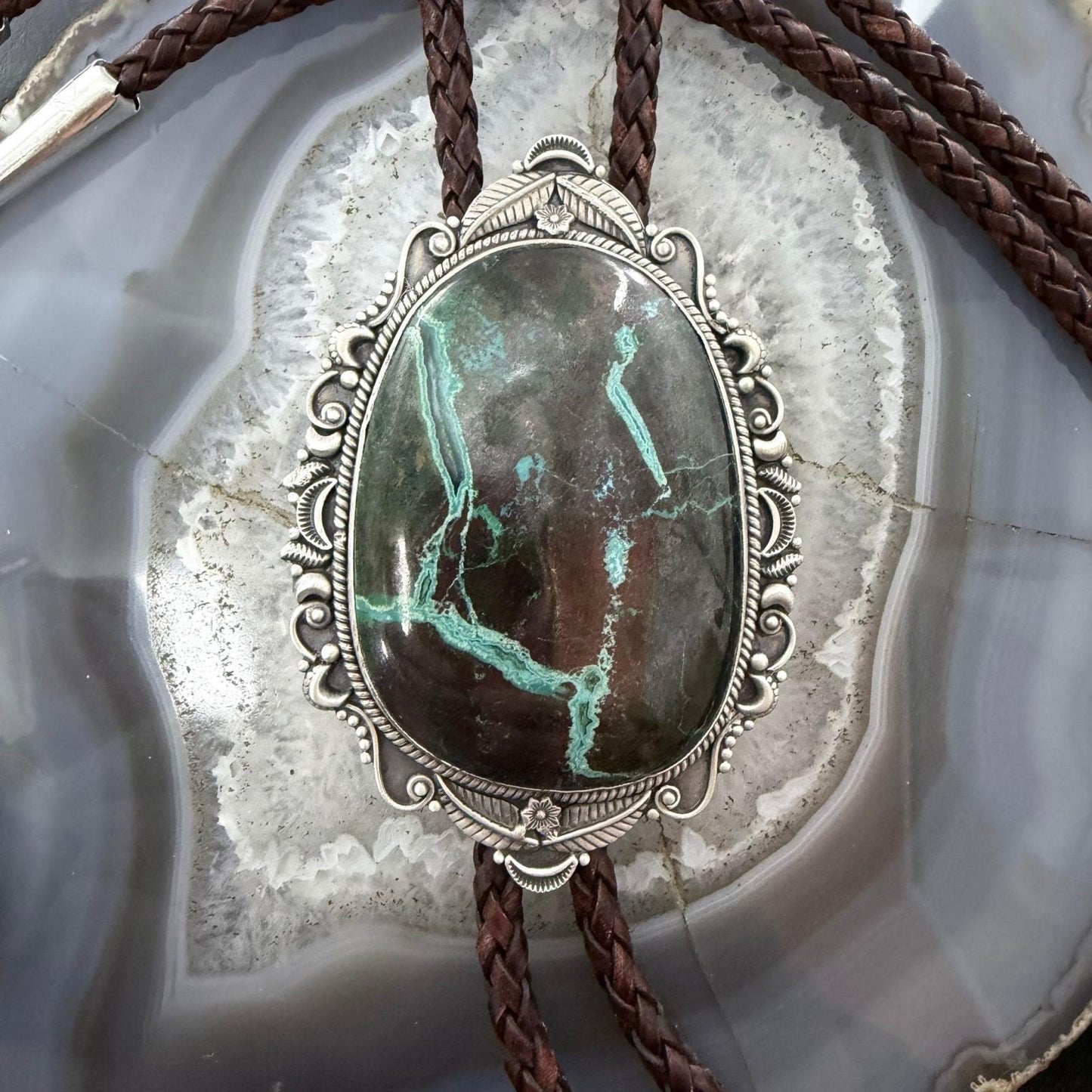 Sterling Silver Southwestern Style Oval Large Blackjack Turquoise Bolo Tie For Men