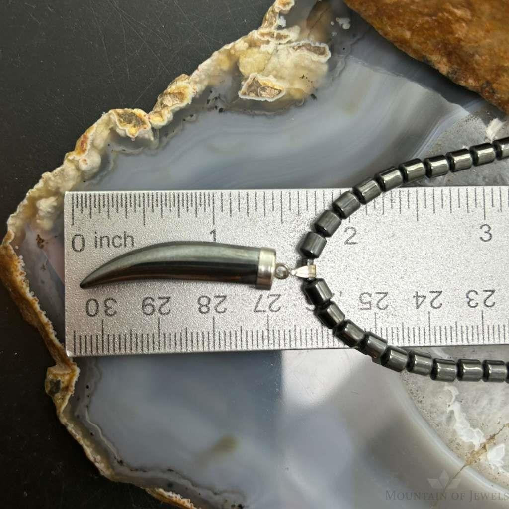 Hematite Beads with Hematite Fang Pendant Unisex 16" Necklace