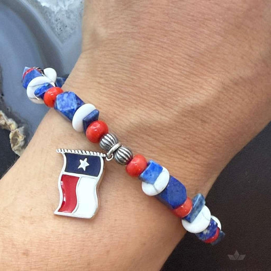 Carolyn Pollack Sterling Silver Multi Gemstone Bead w/Texas Flag Charm Bracelet For Women