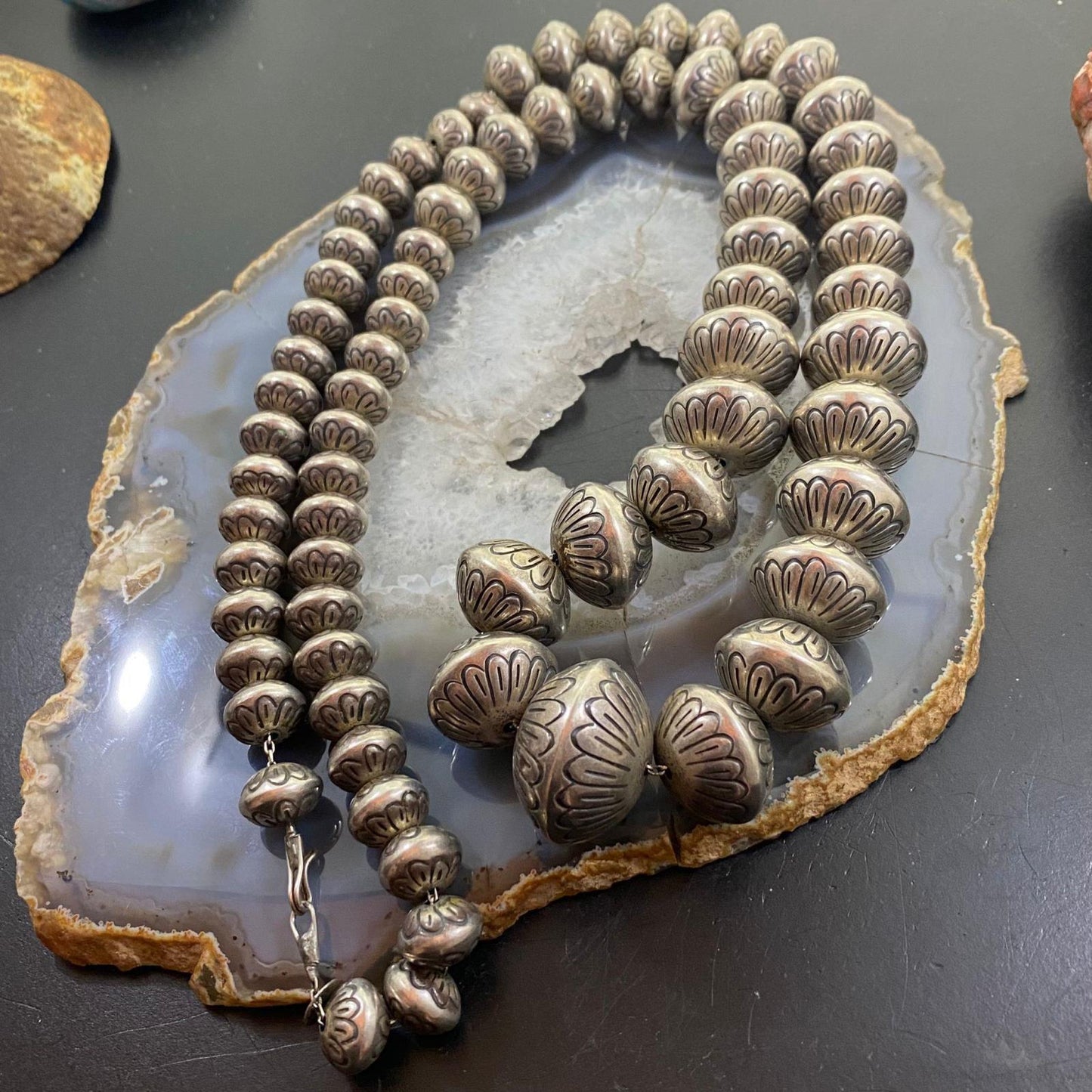 Native American Vintage Silver Graduated Handmade Navajo Pearl Bead Necklace 32"