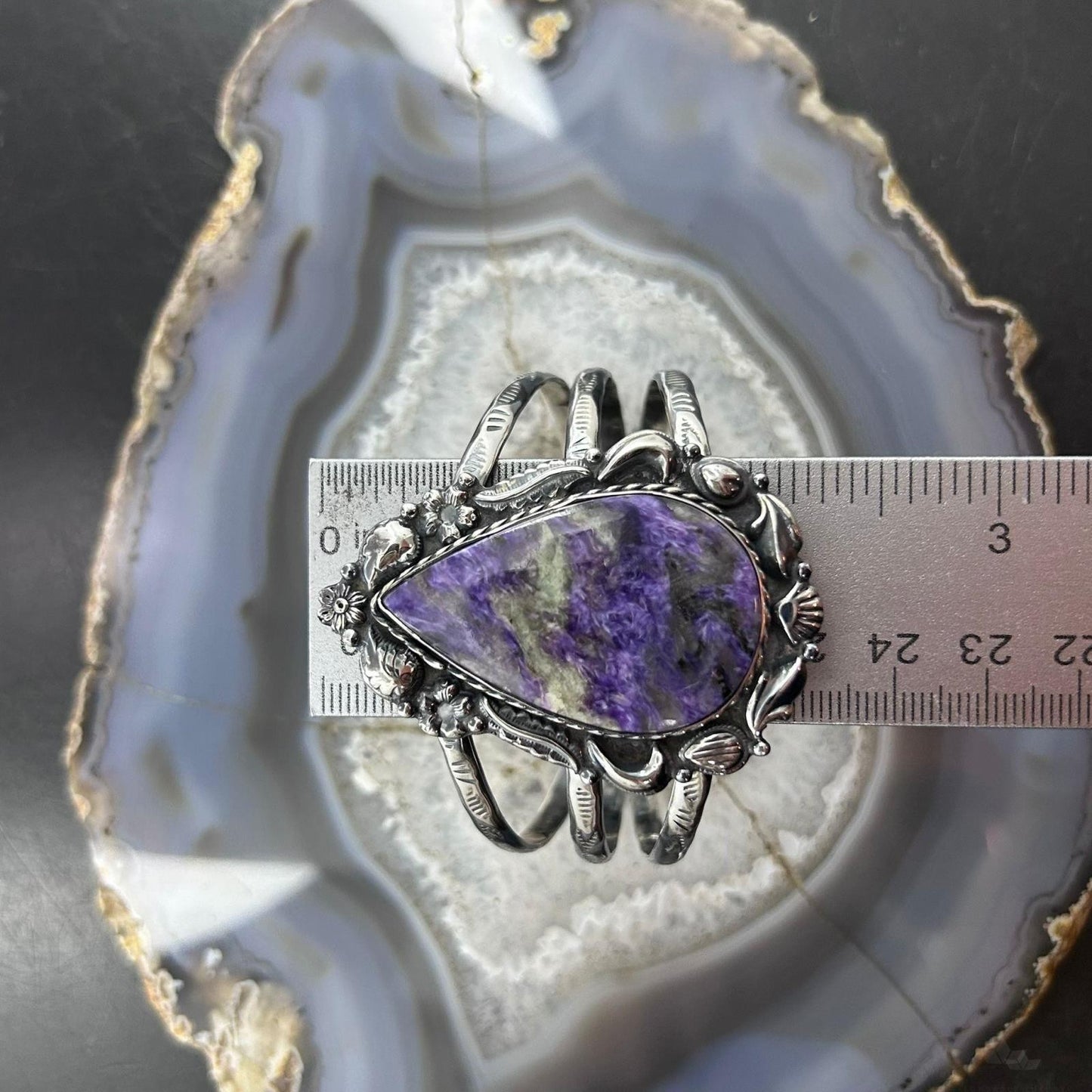 Sterling Silver Southwestern Style Large Teardrop Charoite Bracelet For Women