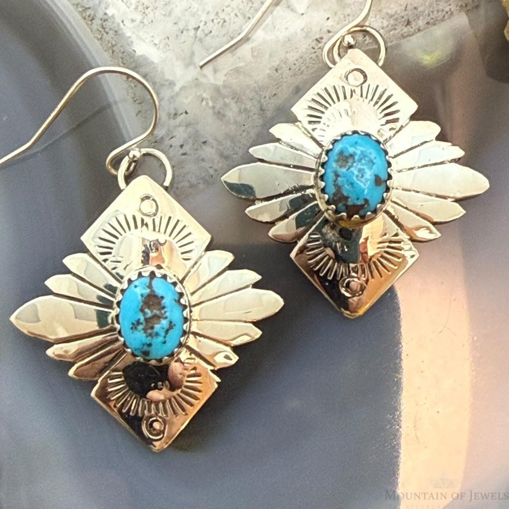 Michael Nez Navajo Sterling Silver Turquoise Pueblo Life Dangle Earrings For Women