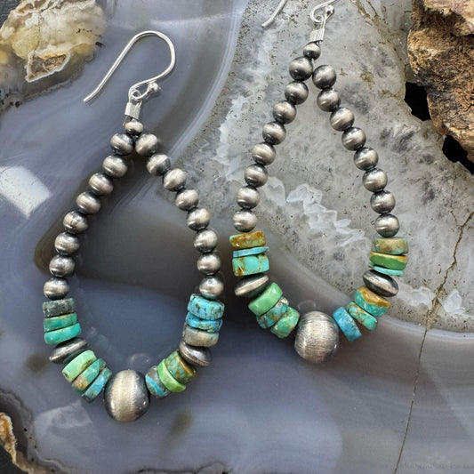 Sterling Silver 4-8mm Navajo Pearl Southwester Style & Turquoise Bead Hoop Earrings For Women