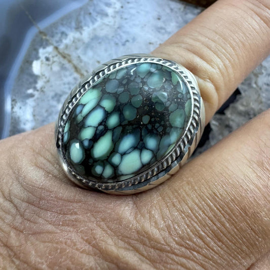 Native American Sterling Silver Oval Lander Turquoise Shield Ring Size 9.5 For Men