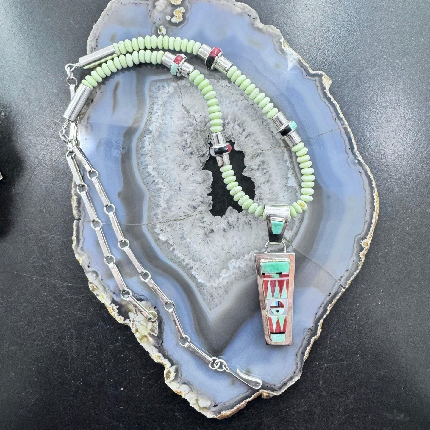 Rayland & Patty Edaakie Zuni Sterling Silver Gaspeite & Multi Gemstone Inlay Pendant w/Necklace For Women