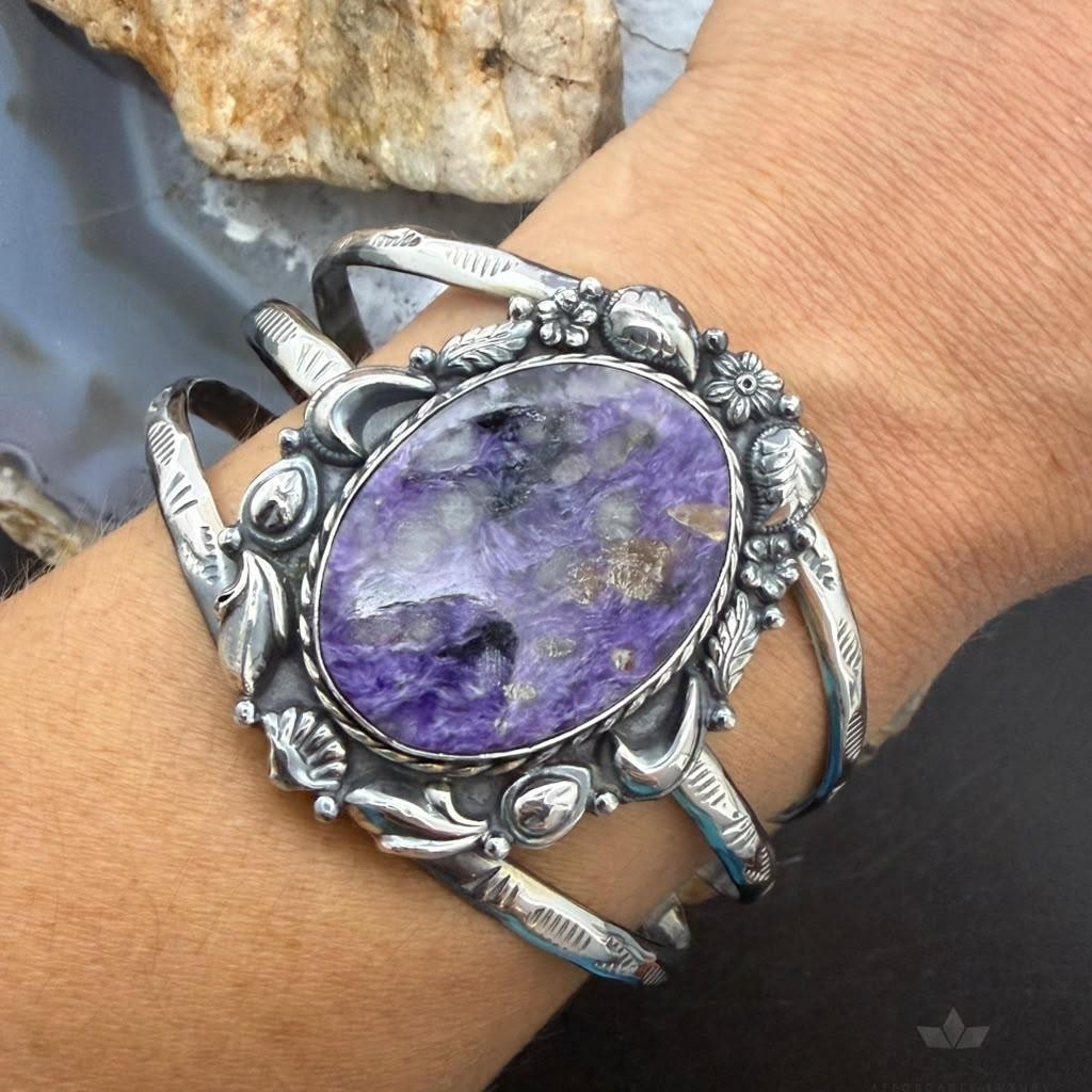 Sterling Silver Southwestern Style Oval Charoite Decorated Bracelet For Women