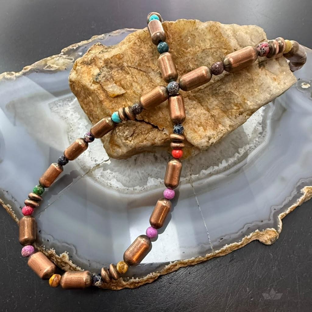 Southwestern Style Copper Navajo Pearl Round &Cylinder w/Multistone 18" Necklace For Women