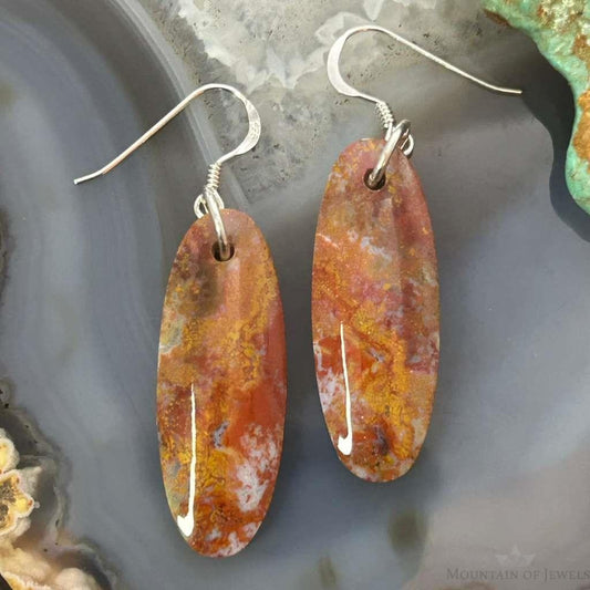 Sterling Silver Oval Plum Moss Agate Slab Dangle Earrings For Women #520