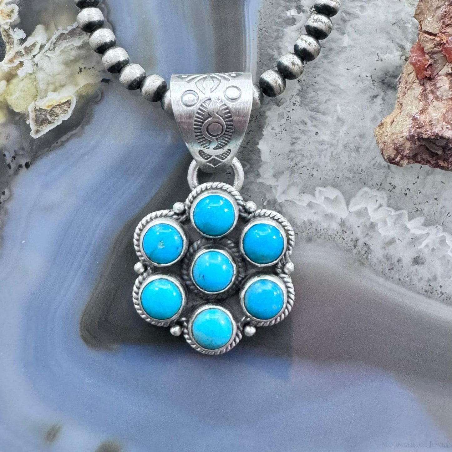 Native American Sterling Silver Turquoise Decorated Cluster Pendant For Women