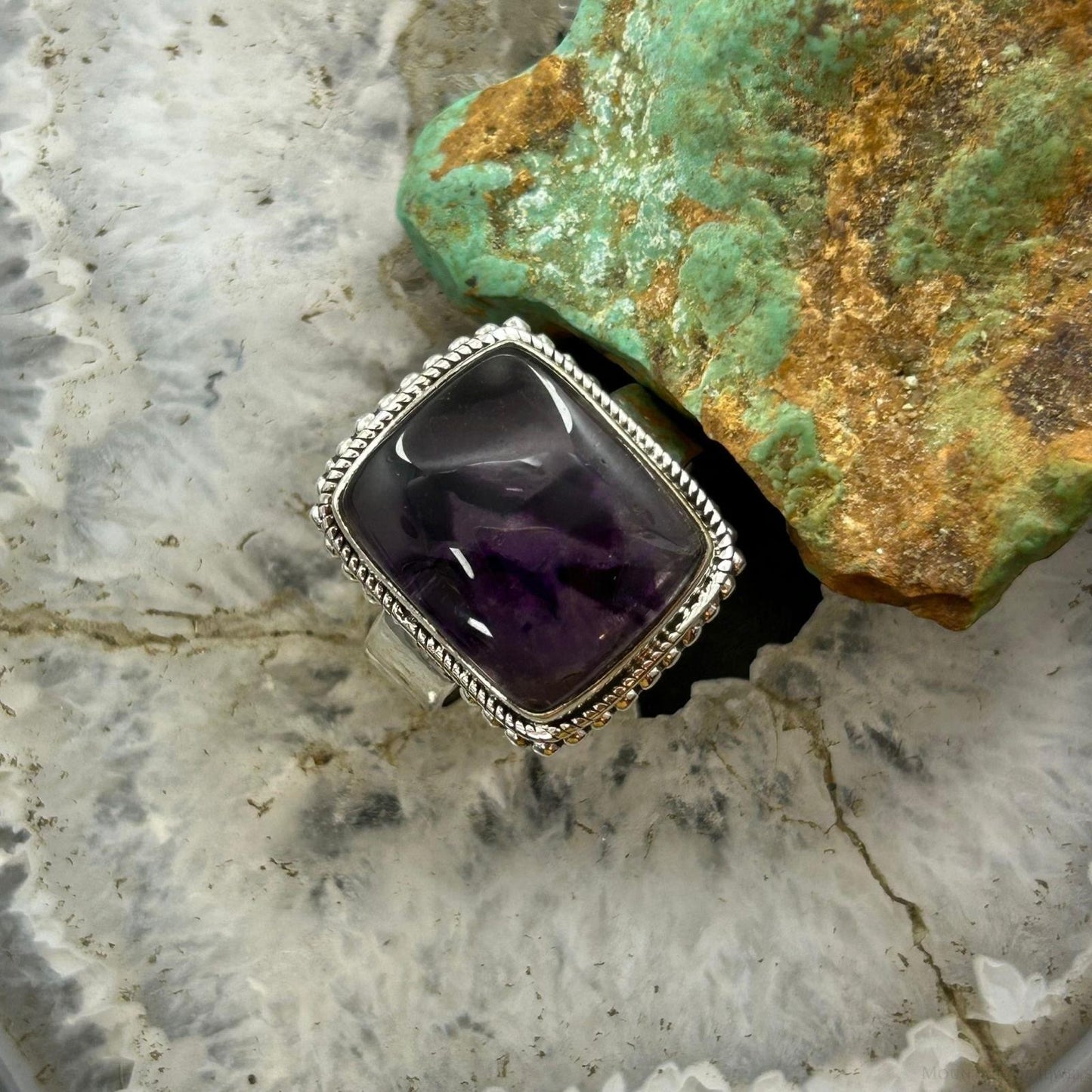 Sterling Silver Southwestern Style Rectangle Star Amethyst Ring Size 8 For Women