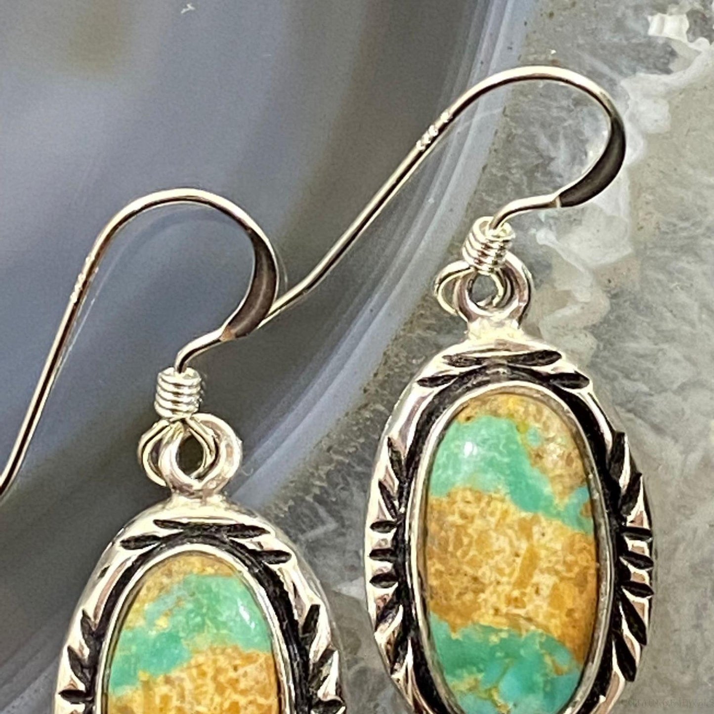 Native American Sterling Silver Oval Ribbon Boulder Turquoise Dangle Earrings