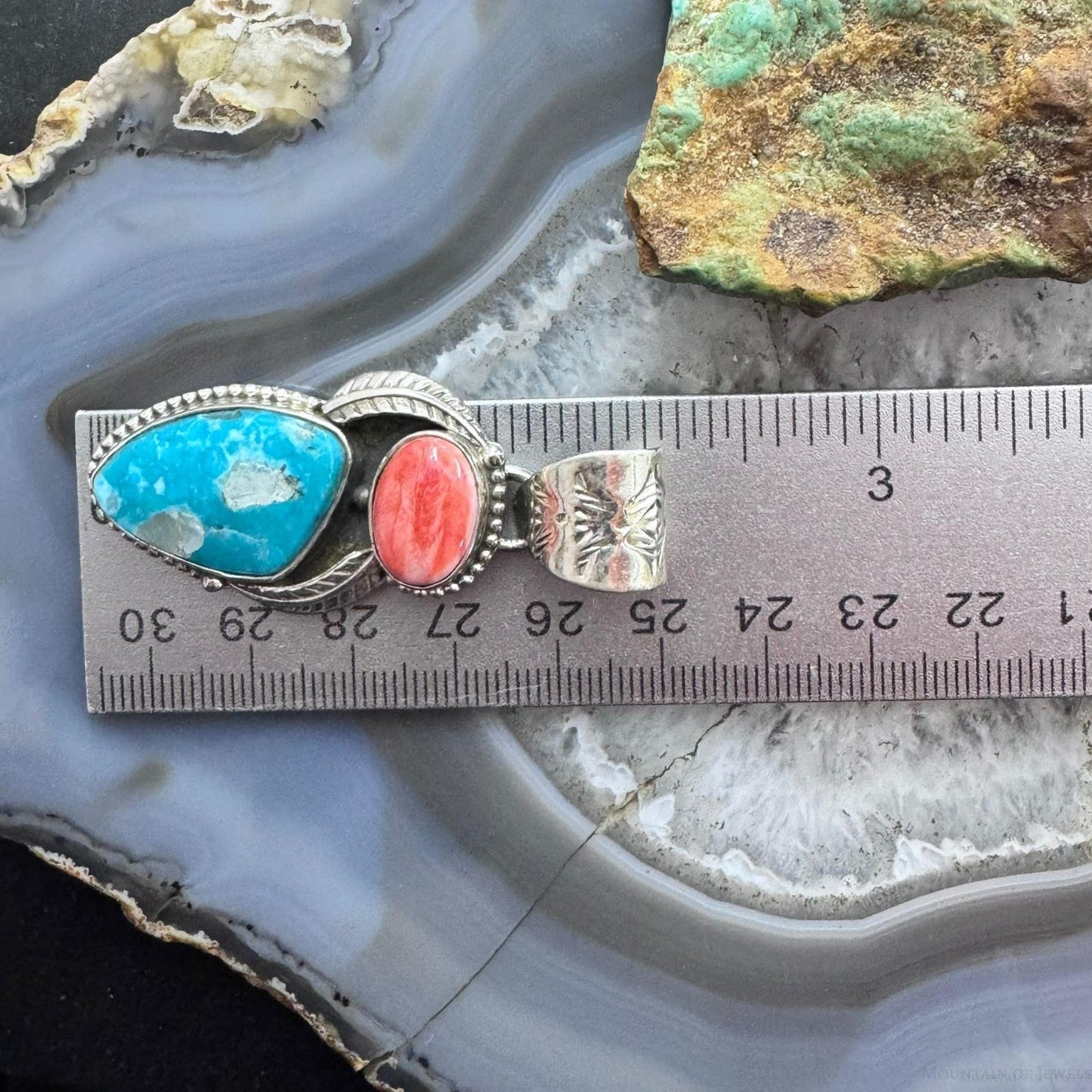Native American Sterling Silver Oval Orange Spiny Oyster W/Triangular Turquoise Pendant For Women