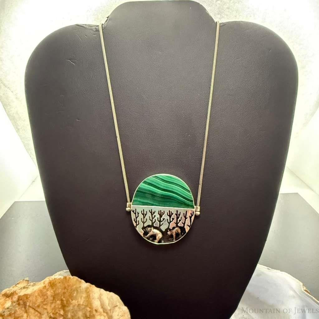 Sterling Silver Malachite With Two Bears In A Forest 20" Necklace For Women