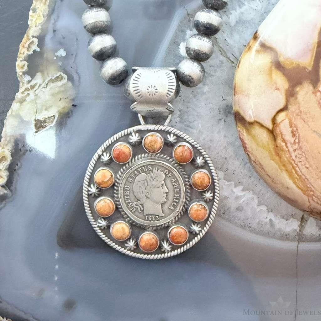 Genuine 1913 90% Silver Barber Head Dime Coin w/Orange Spiny Oyster Pendant