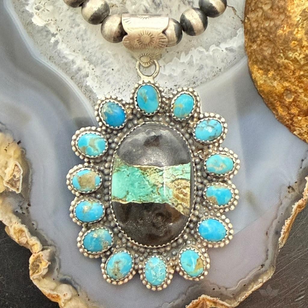 Sterling Silver Southwestern Style Oval Blackjack Turquoise Cluster Pendant For Women