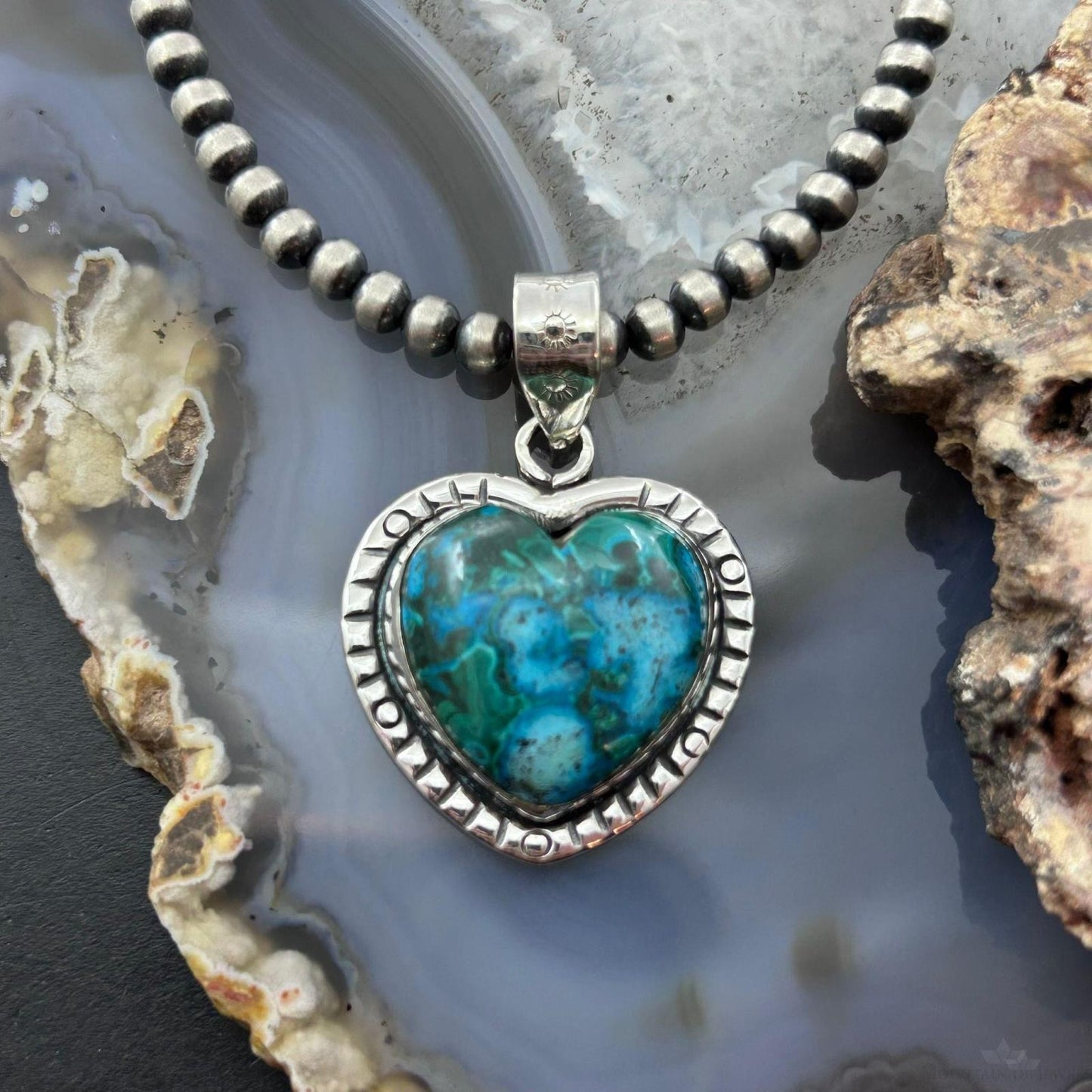 Sterling Silver Southwestern Style Azurite Malachite Heart Pendant For Women #2