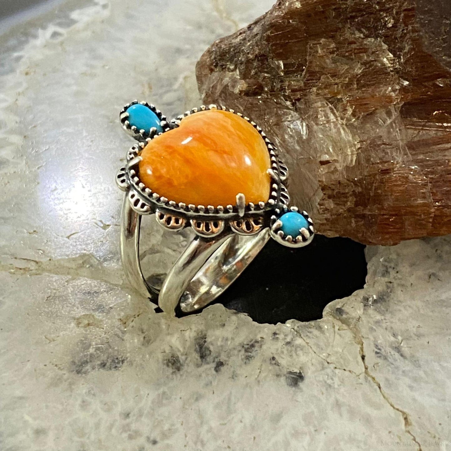 Carolyn Pollack Sterling Silver Orange Spiny Oyster Heart & Turquoise Decorated Ring For Women, Variety of Sizes