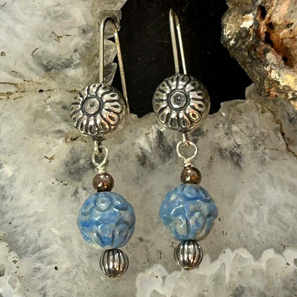 Carolyn Pollack Sterling Silver Carved Denim Lapis Bead Dangle Earrings For Women