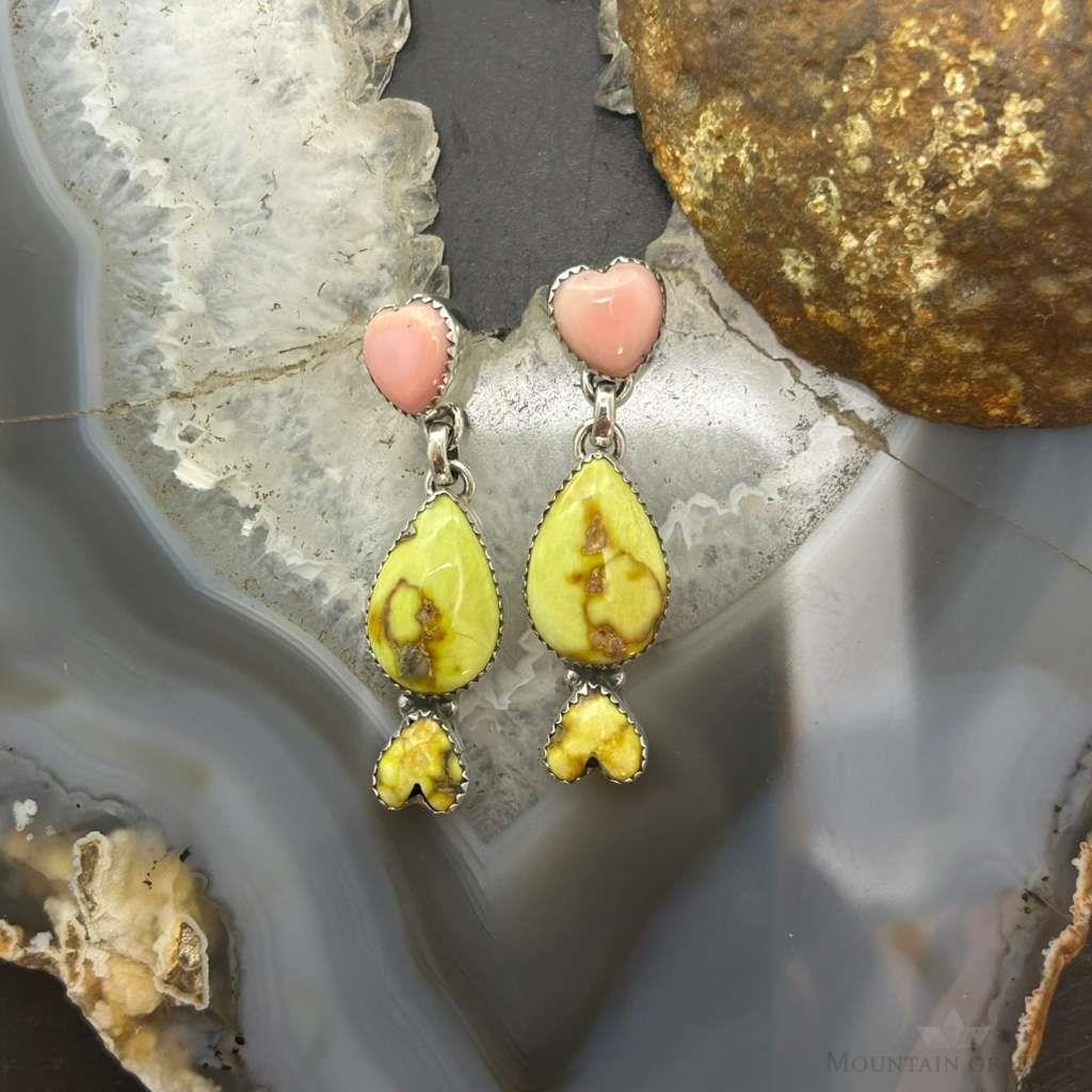 Sterling Silver Southwestern Style Teardrop Palomino & Heart Pink Conch Dangle Earrings For Women