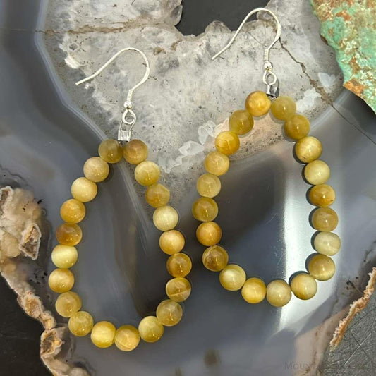 Sterling Silver 6mm Rounded Golden Tiger's Eye Hoop Dangle Earrings For Women