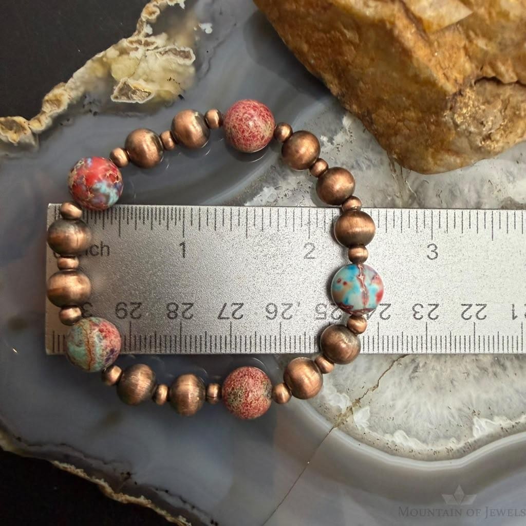 Southwestern Style 4-8mm Copper Navajo Pearl & 10mm Sediment Jasper Stretch Bracelet For Women