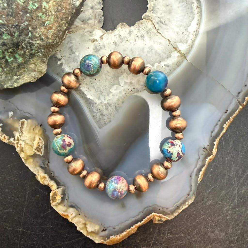 Southwestern Style 4-8mm Copper Navajo Pearl Beads &10mm Jasper Stretch Bracelet For Women