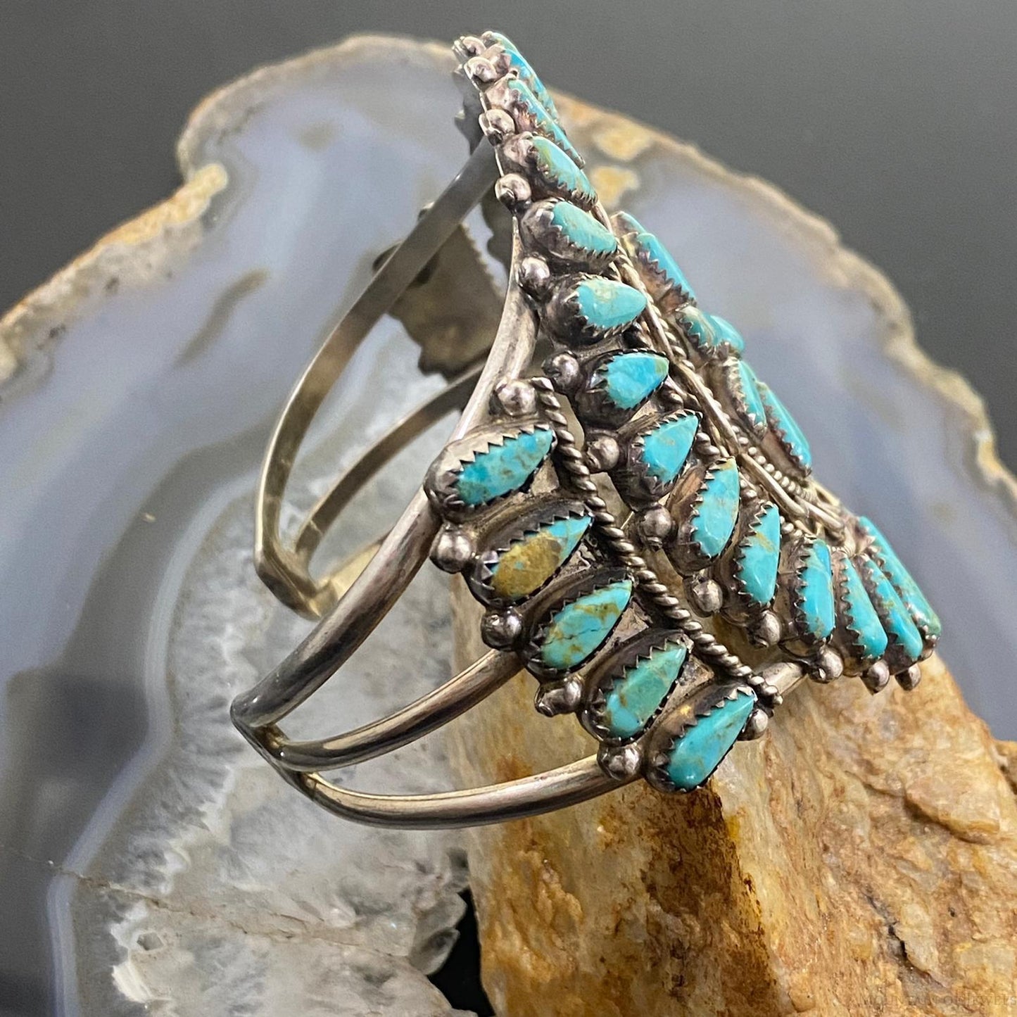 Vintage Native American Sterling Silver Cluster Turquoise Bracelet For Women