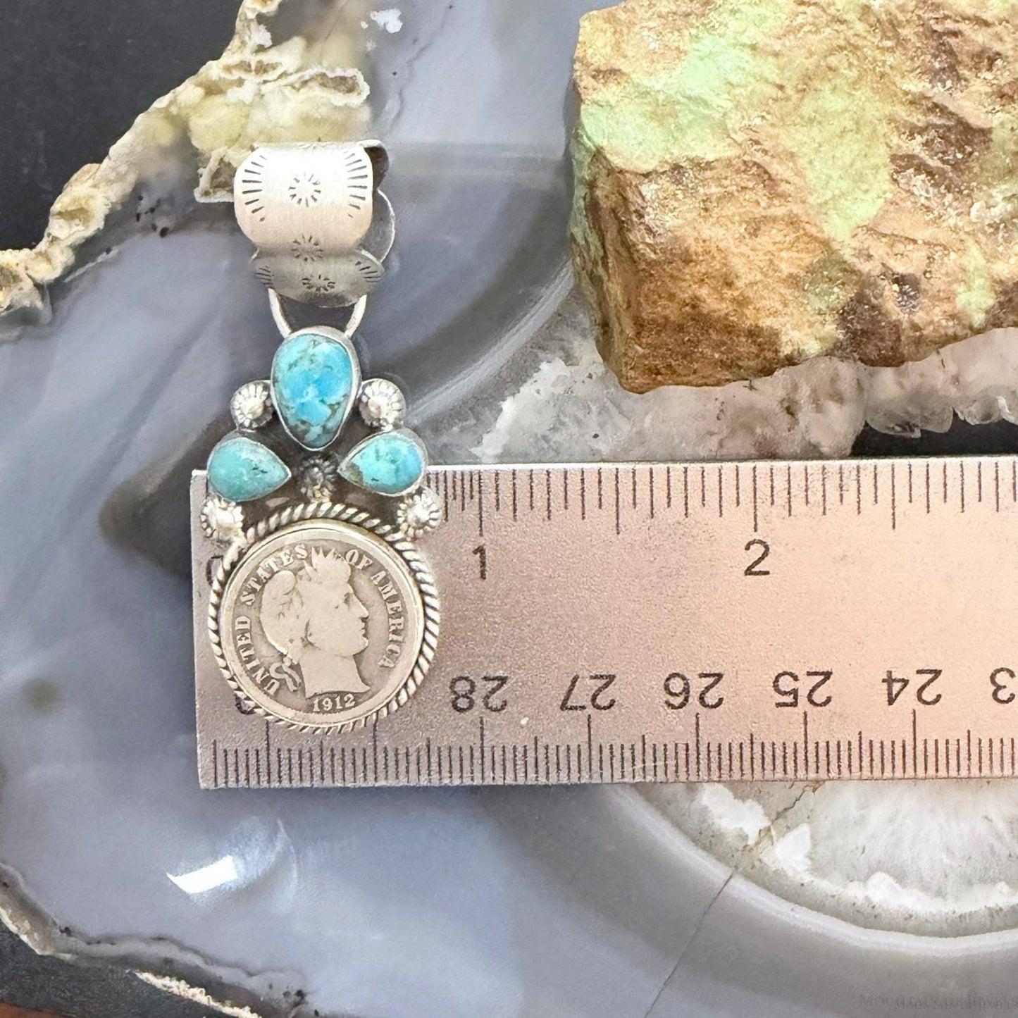 Genuine 1912 90% Silver Barber Head Dime Coin Mohave Turquoise Unisex Pendant