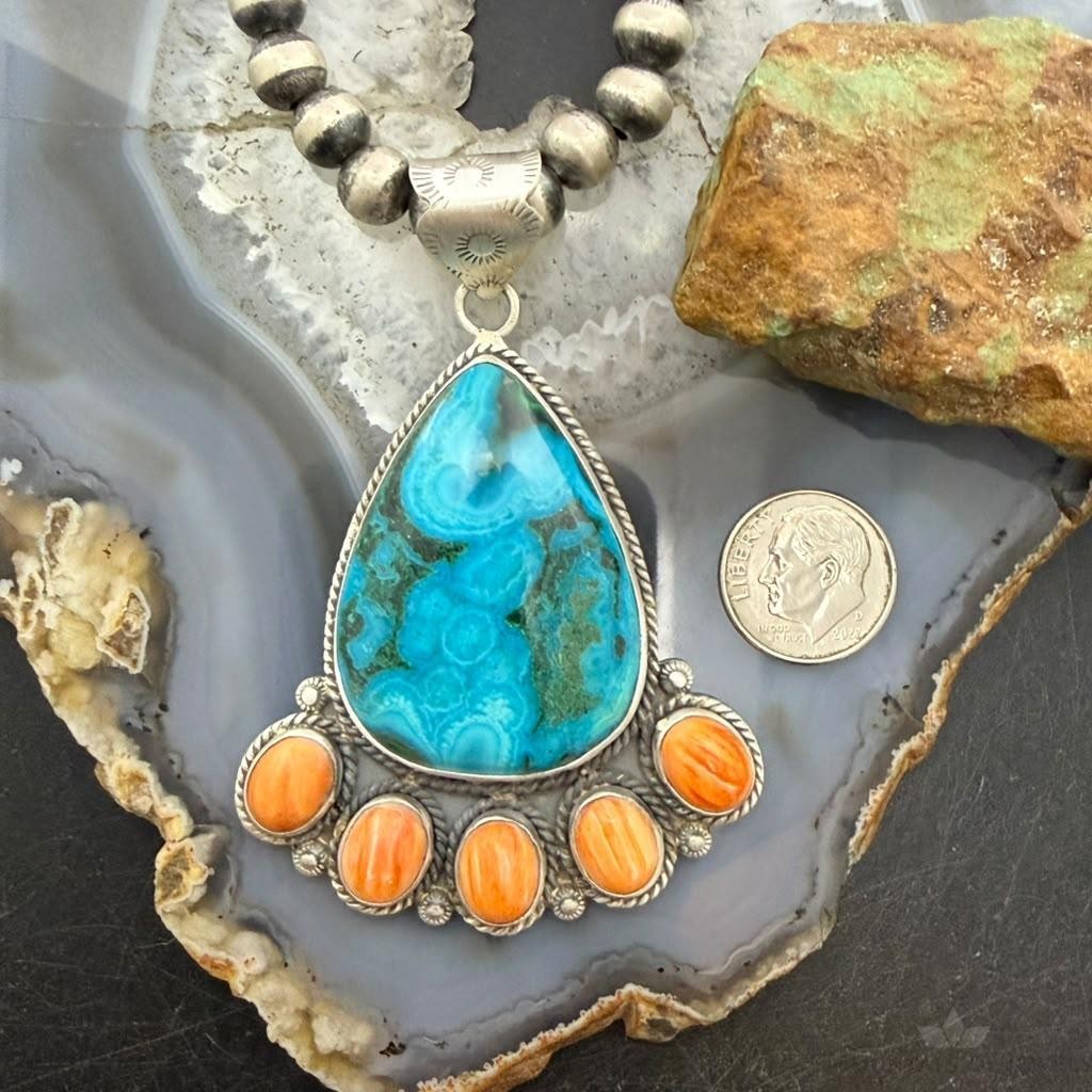 Sterling Silver Southwestern Style Malachite Chrysocolla&Spiny Oyster Decorated Pendant
