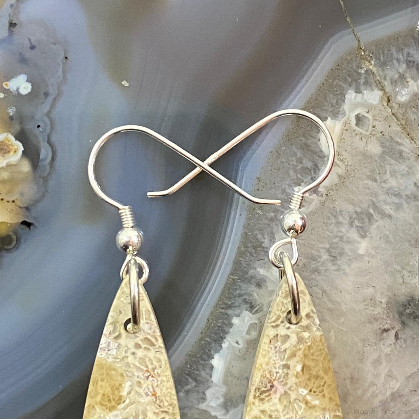 Sterling Silver Teardrop Fossilized Coral Slab Dangle Earrings For Women #115