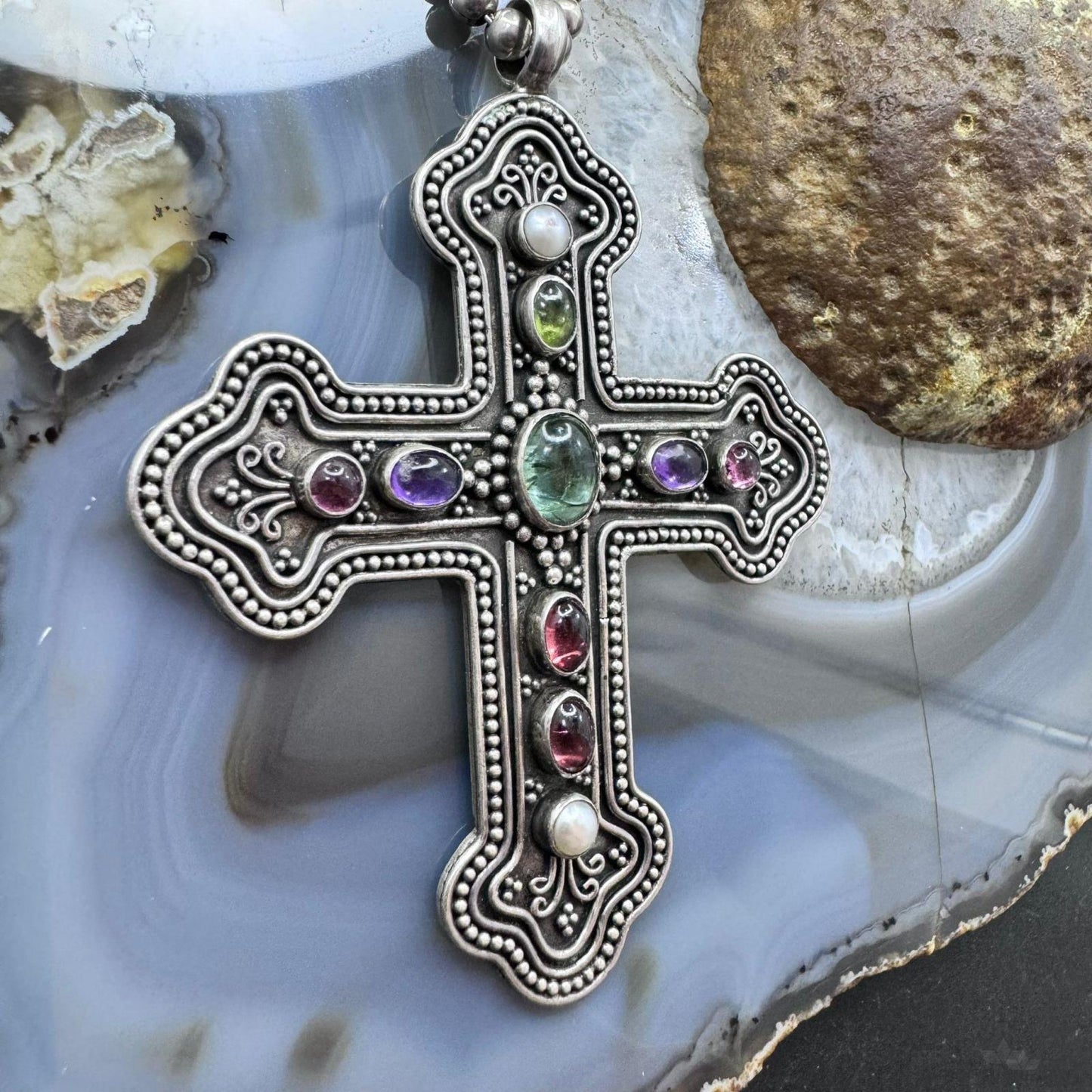 Vintage Sterling Silver Multi Gemstone Cross Pendant W/Brads Bead Chain Necklace