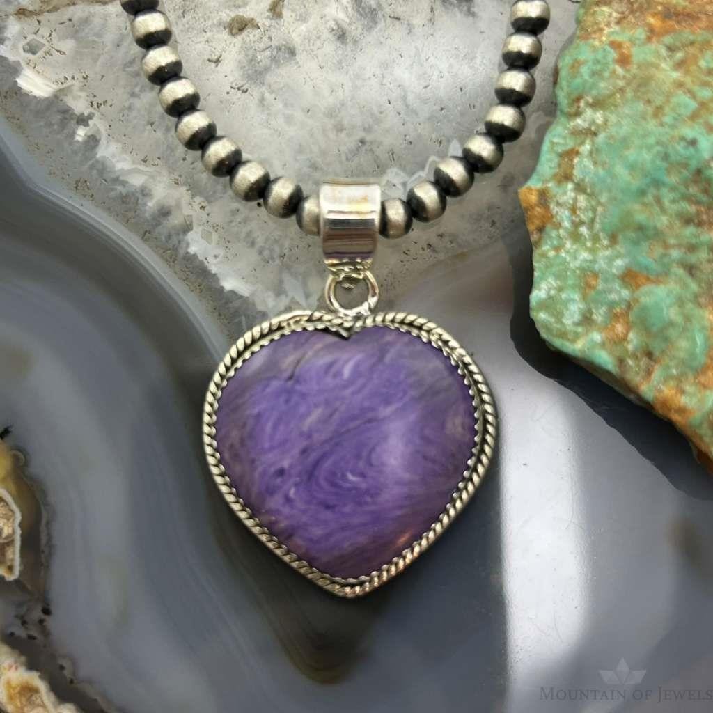 Sterling Silver Southwestern Style Charoite Heart Pendant For Women #3