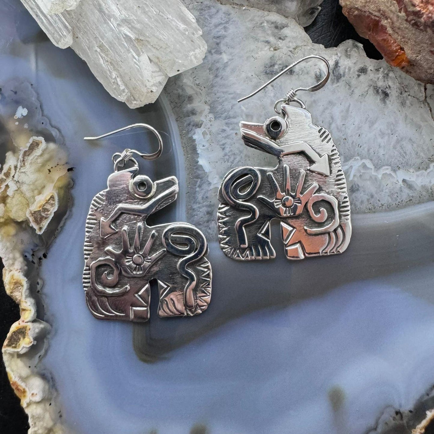 Brad Panteah Sterling Silver Spirit Bear w/Petroglyph Symbols Dangle Earrings For Women