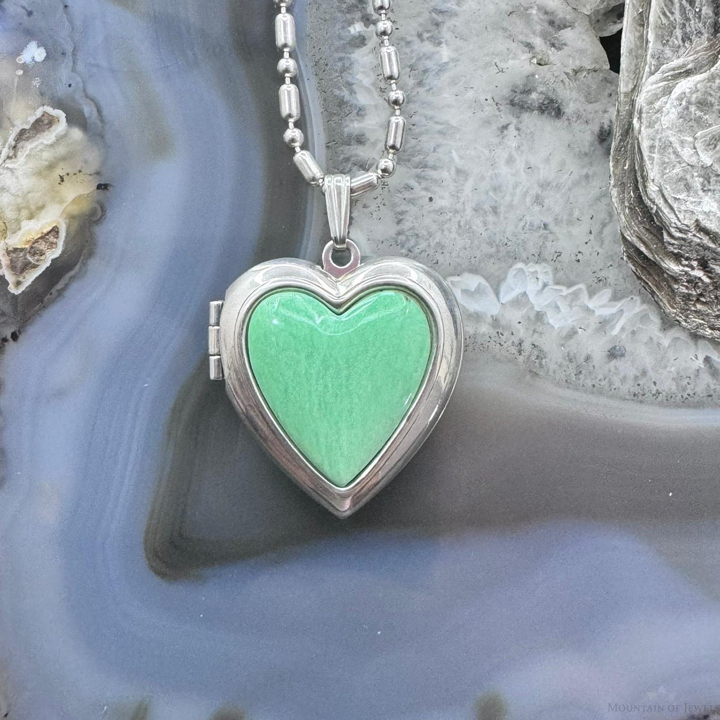 Carolyn Pollack Sterling Silver Gaspeite Heart Locket Pendant 23" Necklace For Women