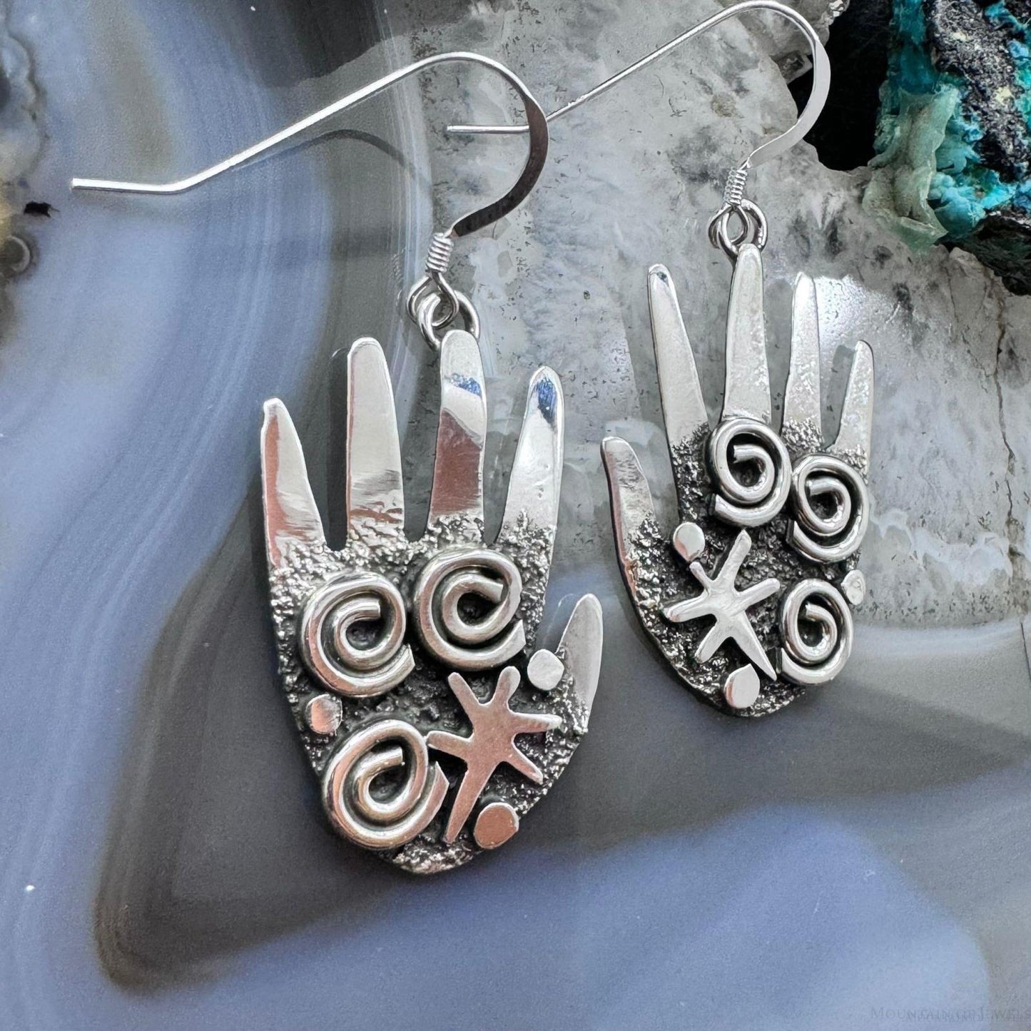 Alex Sanchez Sterling Silver Ancestors Hand Petroglyph Dangle Earrings For Women