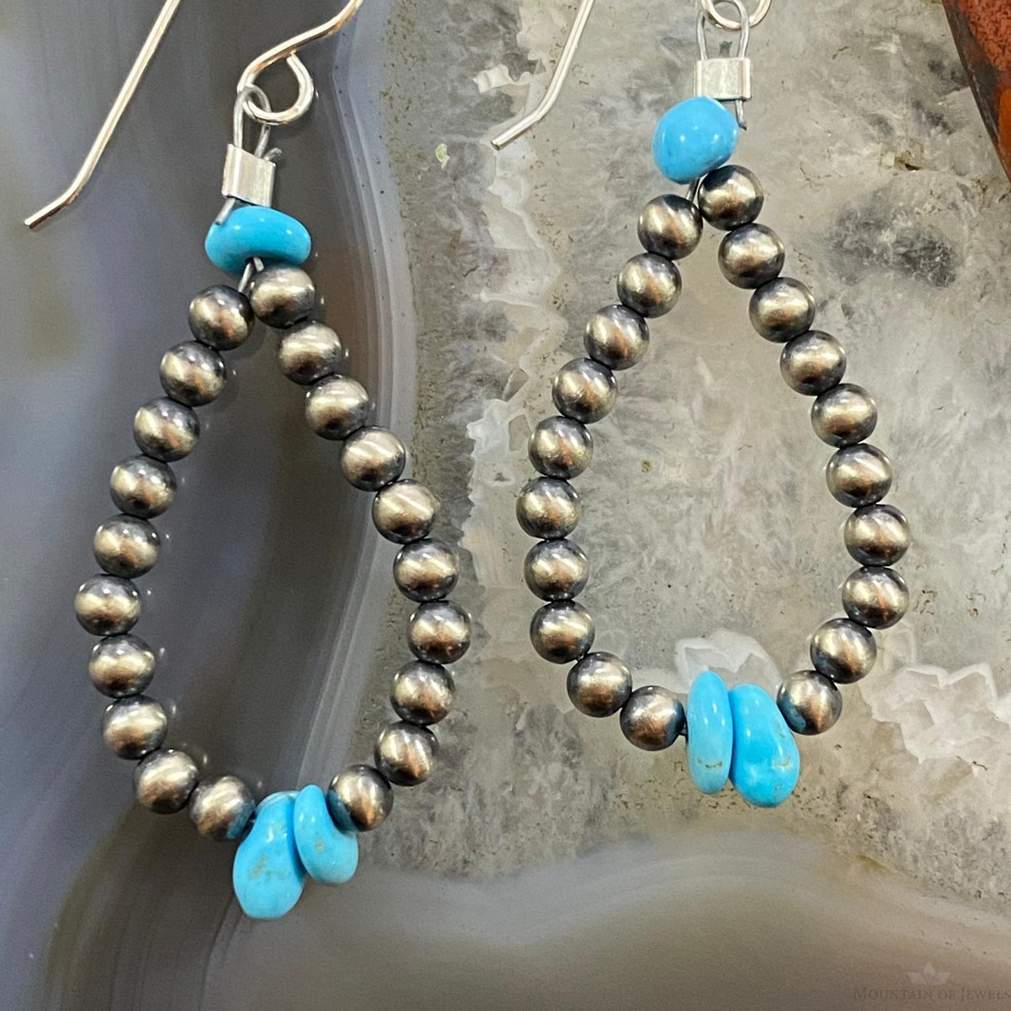 Navajo Pearl Beads 3mm & Turquoise Sterling Silver Teardrop Hoop Earrings