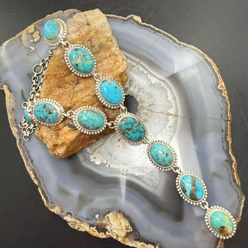Sterling Silver Southwestern Style Oval Kingman Turquoise Lariat 28" Necklace For Women