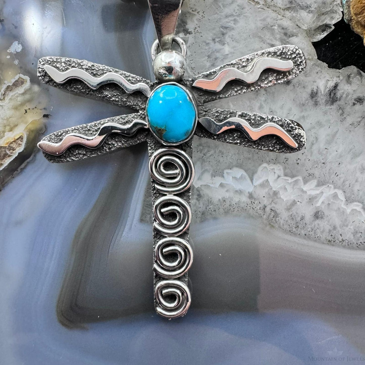 Alex Sanchez Native American Sterling Silver Turquoise & Petroglyph Dragonfly Unisex Pendant